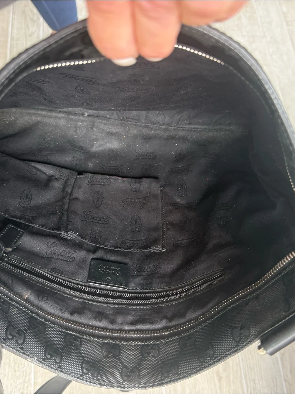 Gucci Black GG Canvas Messenger with Red & Green Stripe- very good cond.